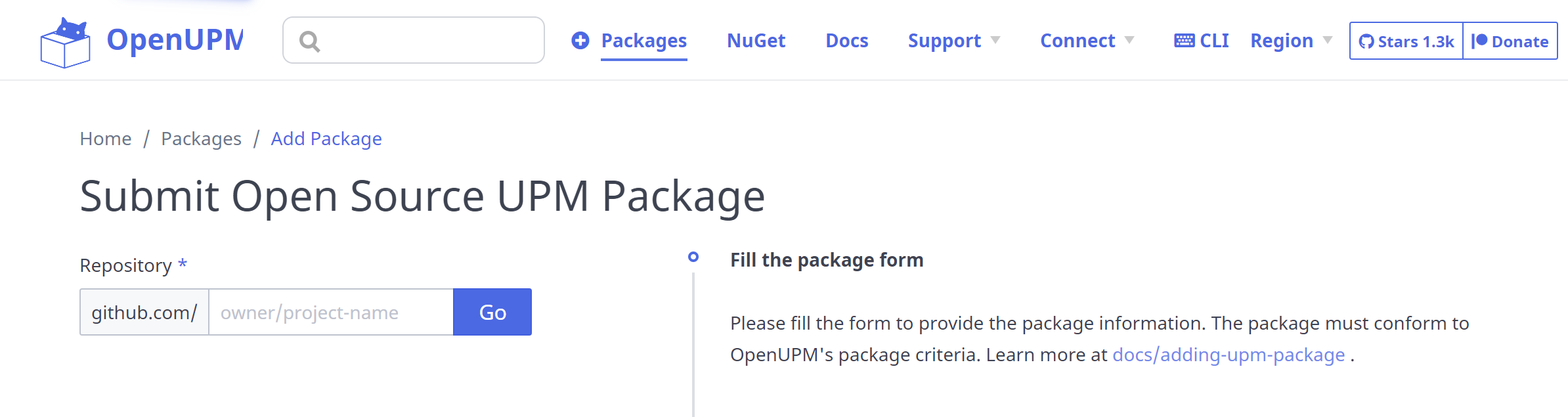 Screenshot of OpenUPM where repository can be submitted